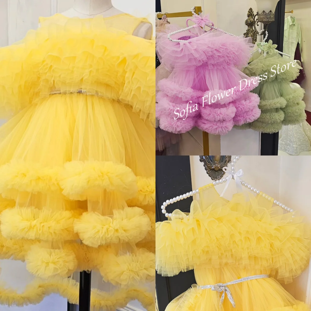 

Yellow Off Shoulder Flower Girl Dress A-Line Tiered Tulle Pleated Lovely Dresses For Girls First Communion Birthday Party GownS