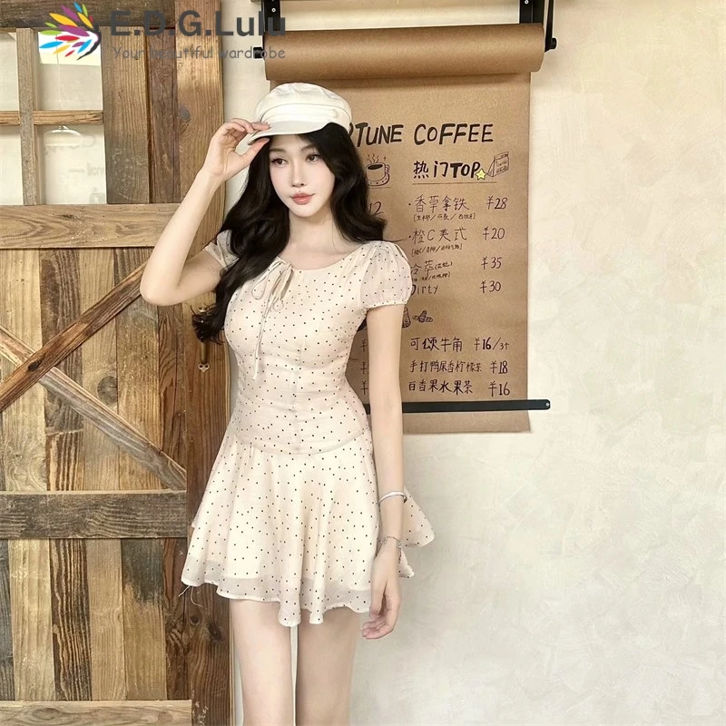 

EDGLuLu Leisure Street Polka Dot Mesh Mini Ruffle Dresses For Woman Round Neck Lace-Up Bow Short Sleeved Dresses 0514