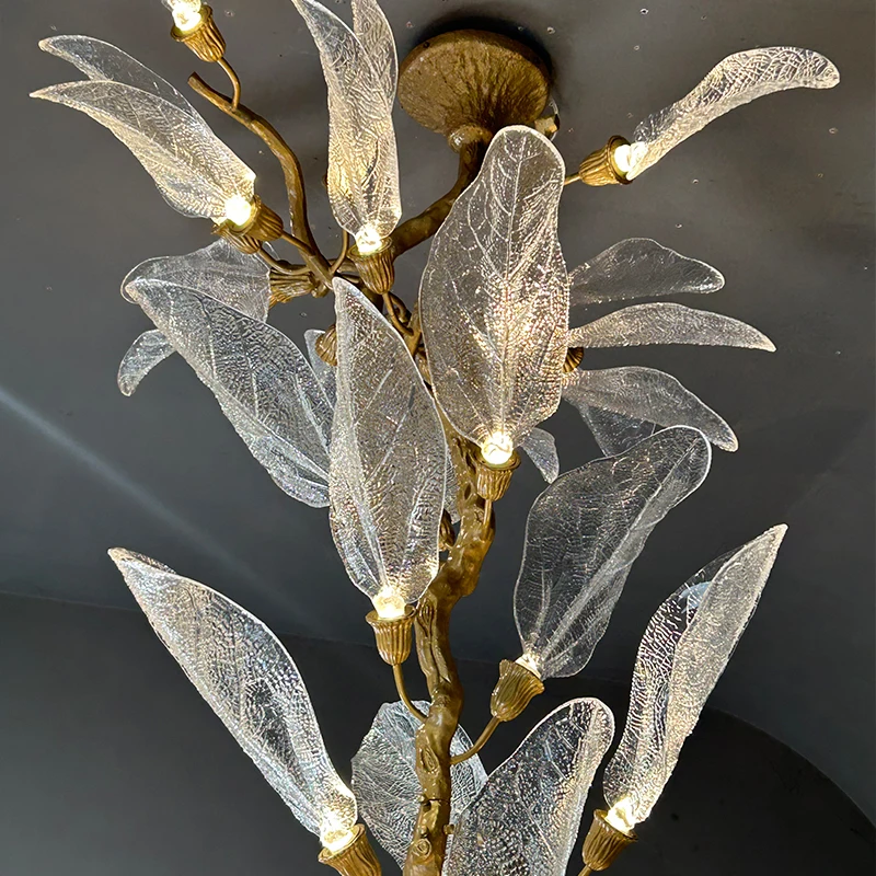 Luxury Resin Leaf Ceiling Chandelier For Staircase Vila Hotel Copper Leaf Pendant Chandelier Living Room Ceiling Lamp Restaurant