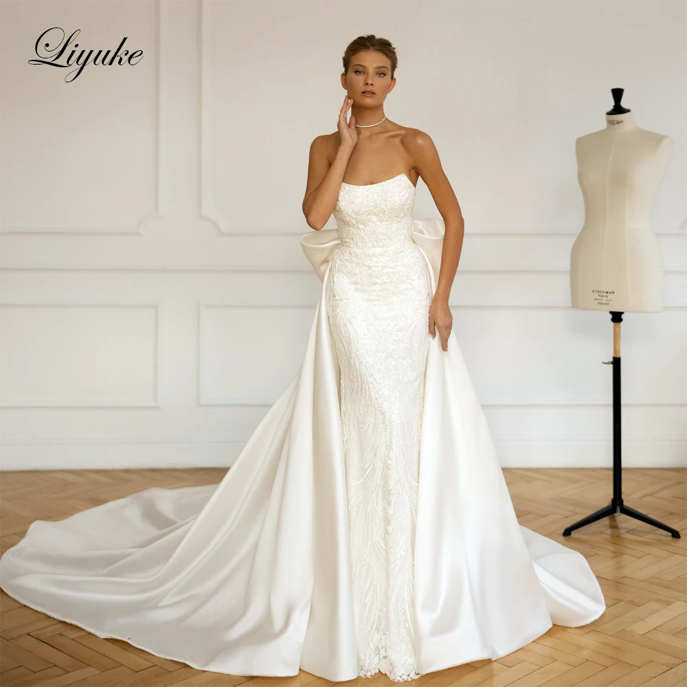 Liyuke Gorgeous Delicate Mermaid Wedding Dress Boat Neck Off The Shoulder Vestido De Noiva 2 In 1 Trumpet Bridal Gowns