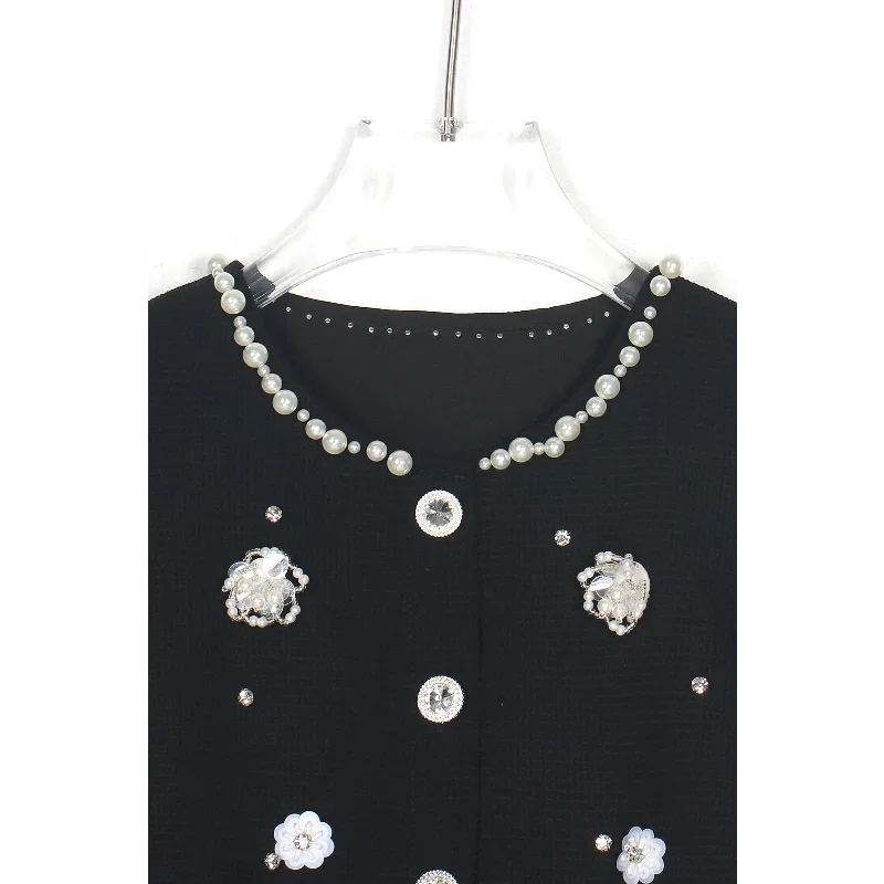 

Высококачественное черное платье-шаль с бисером, комплект из двух предметов, с 3D цветами и стразами, круглый вырез, французский стиль, для ужина, роскошное короткое платье