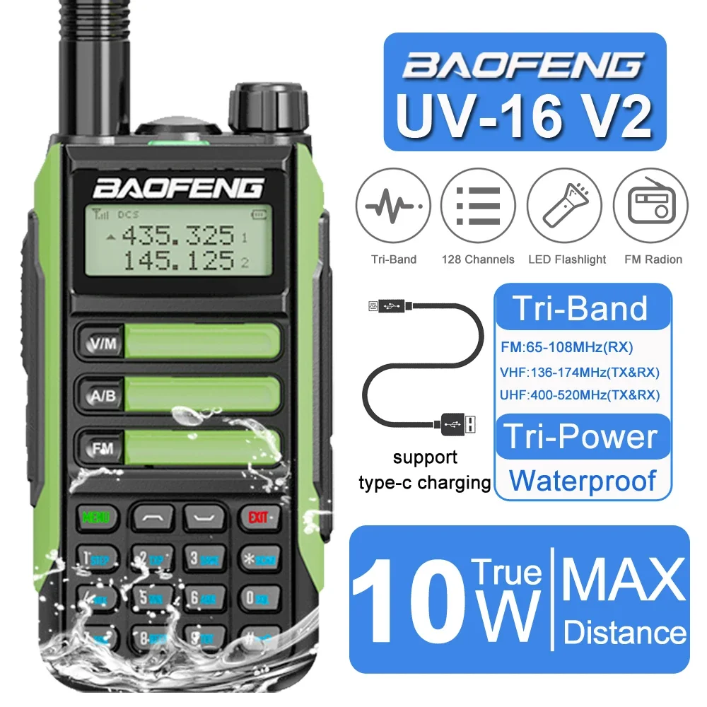 

Baofeng UV-16 Max V2 Walkie Talkie 10 KM Military 10W Powerful Waterproof VHF UHF CB Ham Dual Band Two Way Radio USB-C Charger