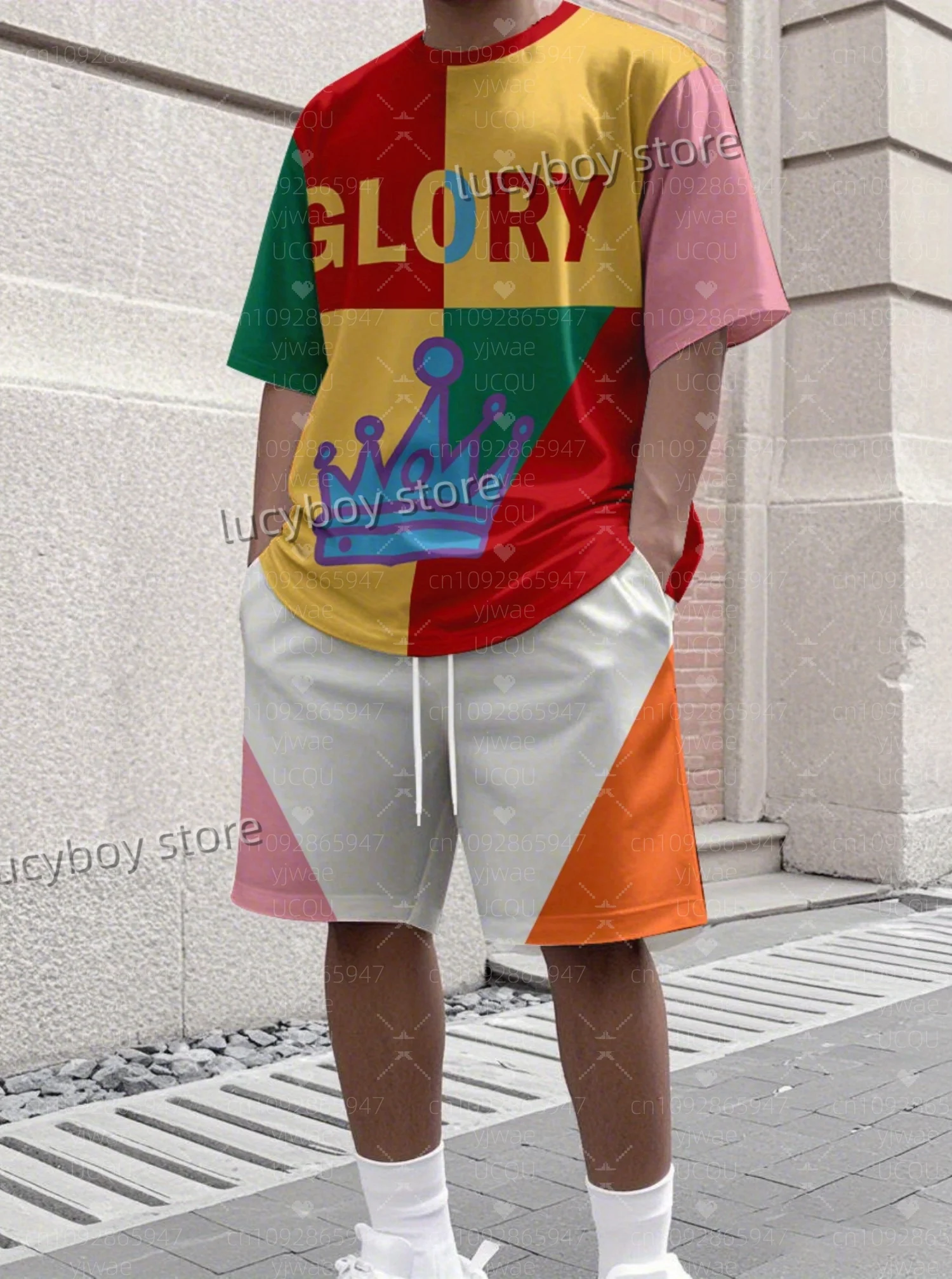 

Summer Men Color Blocked Crown Print Set Short Sleeve T-Shirt Shorts Set Adult Sport Jogging Plus Size Tracksuit 2 Piece Set