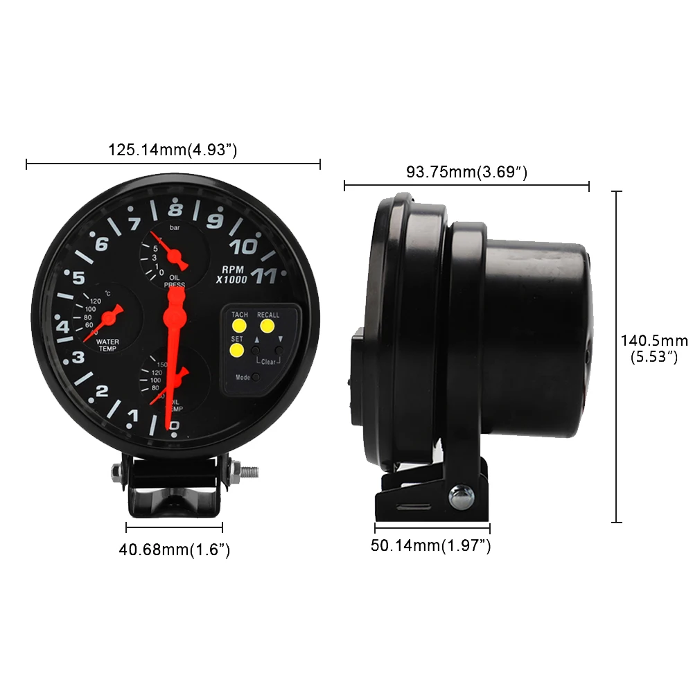 1Set 4 In 1 Tachometer + Sensor + Instruction Manual For Various Models 125.14*93.75mm/4.93*3.69in 12V Car Accessories