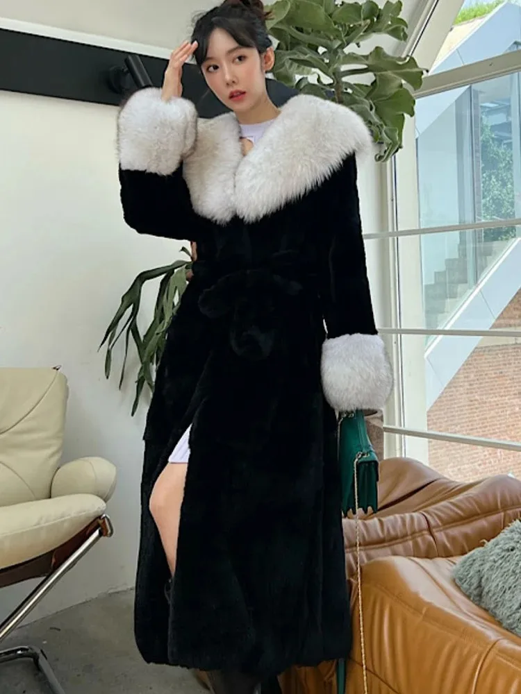 

Hot sales Large Fox Fur Collar Sleeve Cuff Winter New X-Long High-End Natural Fur Jacket Women's Real Rex Rabbit Fur Coat