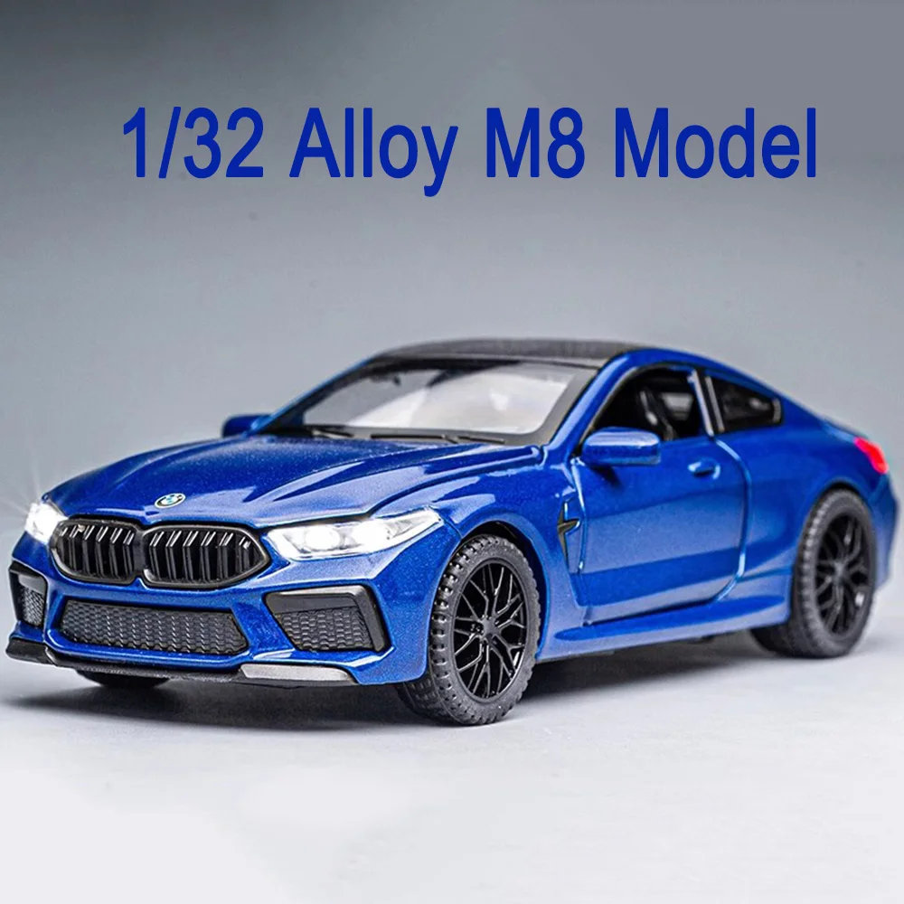 

1/32 M8 Alloy Diecast Toys Car Model Sports Cars 4 Door Can Opened Rubber Tires Sound Light Pull Back Vehicle Kids Festival Gift