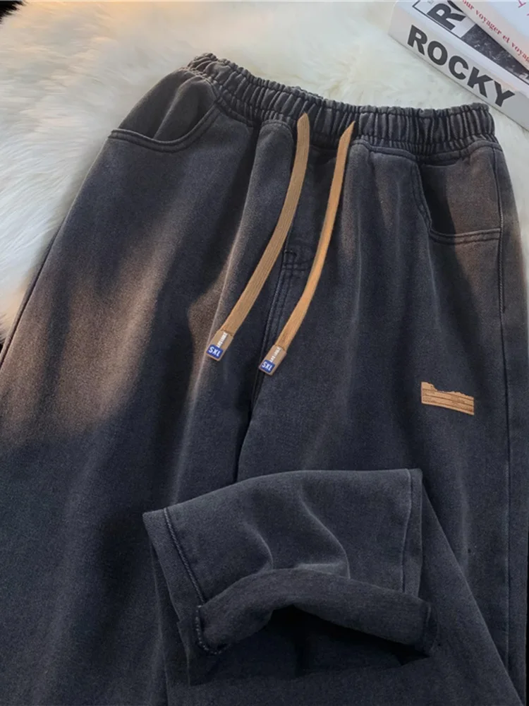 

Джинсы в американском стиле ретро с эластичной резинкой на талии и завязками, мужские свободные брюки прямого кроя, модные широкие брюки для старшей школы и колледжа