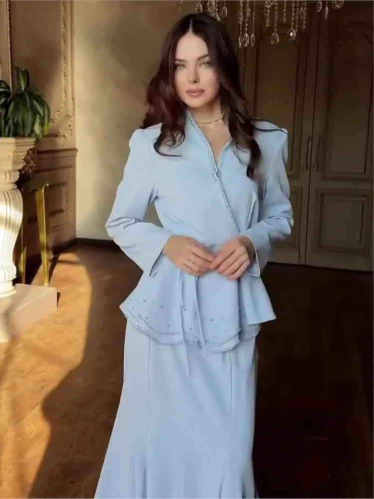 

Woman 2 Piece Set Outfit Solid Color Leace-up Long Sleeves Tops Long Skirts Bodycon fashion Simple Style All-match Vacation Slim