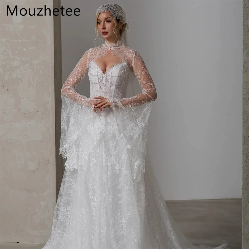 Mouzhetee Mermaid Elegant A-Line Lace Pearls Wedding Dresses Simple Long Sleeve Brides Gown Custom Made 2026