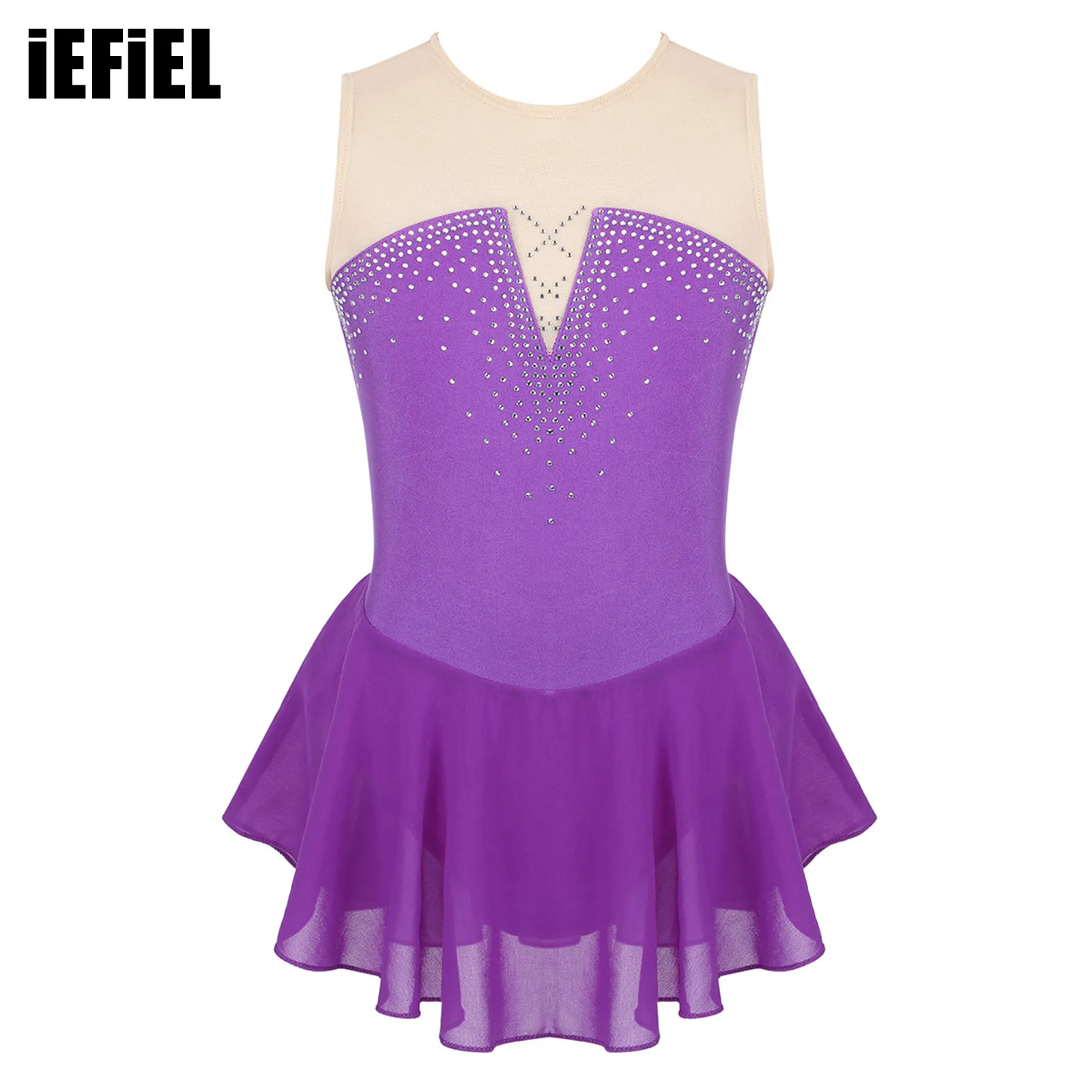 

Kids Girls Sleeveless Sparkly Inlaid Ballet Dress Rhinestone Mesh Splice Skating Dance Gymnastics Leotard