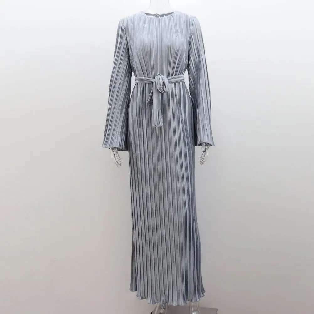 Solid Color Pleated Long Dress Elegant Striped Bell Sleeves Maxi Dress with Lace-up Detail for Women Autumn Spring Prom Party