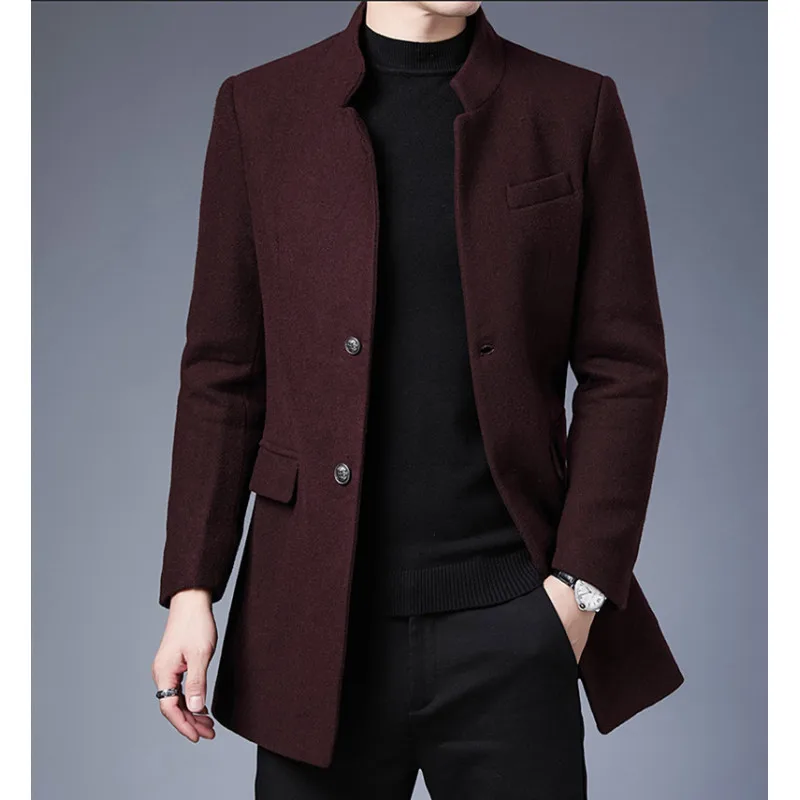 Burgundy Father Collar Social Classic Retro Gentleman Trench Coats Mens Claret Red Elegant Overcoats Mandarin Collar Long Jacket