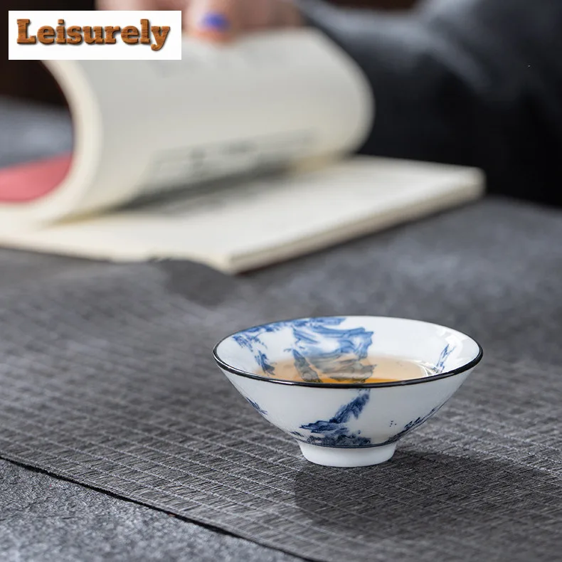 1PCS Blue and White Porcelain Cone Teacup Anti Scaling Hand-painted Ceramic Tea Bowl Travel Meditation Cup Chinese Tea Set 65ml