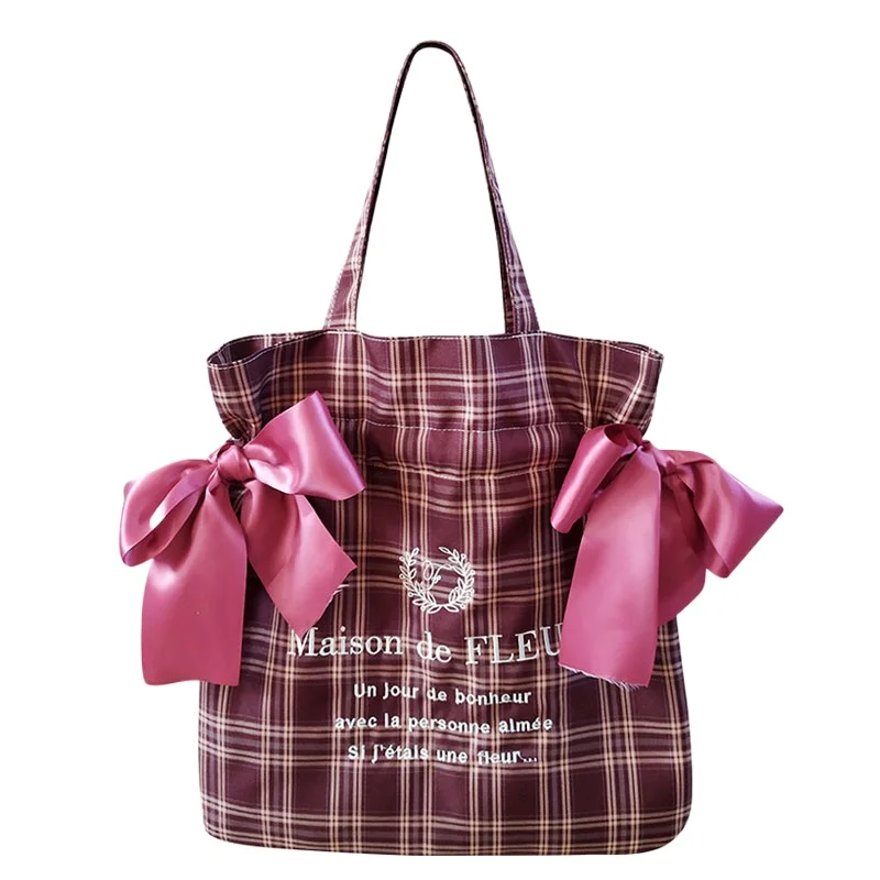 Plaid Women Simple Shoulder Bag Soft Cloth Fabric Handbag Large Capacity Cotton Tote Bow Canvas Bags For Pretty Young Girl