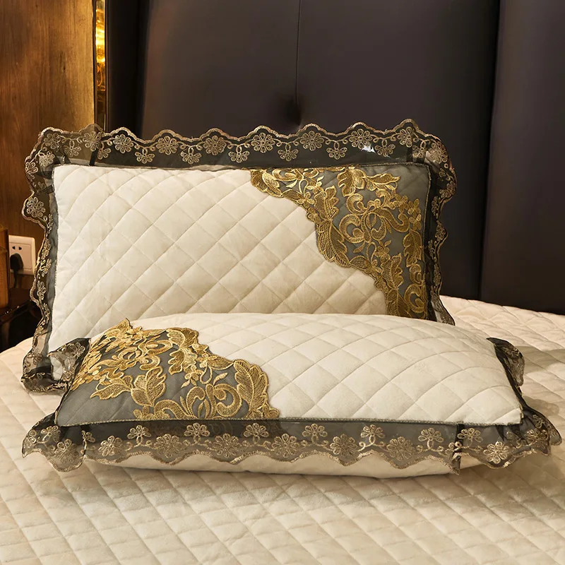 AI WINSURE-Lace Velvet Pillow Cover, European Warm Winter Pillowcases 2pcs Set, Soft Quilted Pillow Shams, 48x74cm