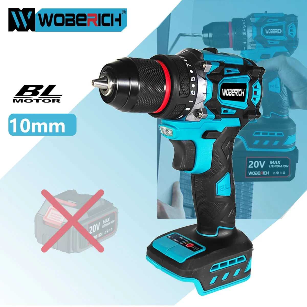 WOBERICH Cordless Electric Impact Drill 10mm Chuck Brushless Multifunctional Power Tool（No battery）For Makita 18V Battery