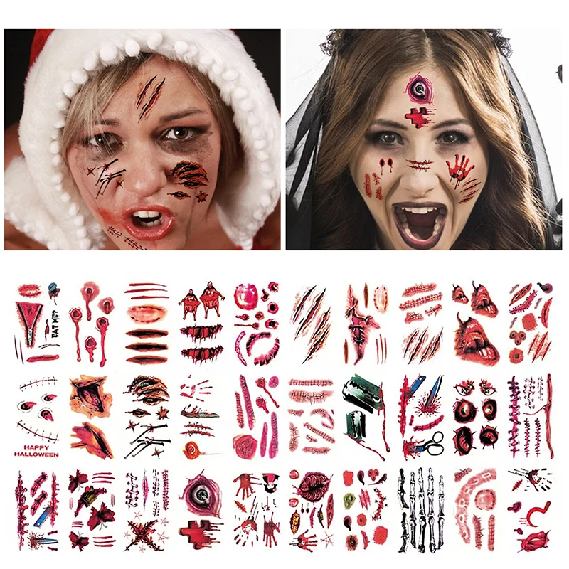 

20/30/50 Sheets Halloween Terror Wound Temporary Tattoo Waterproof Realistic Blood Tattoos Injury Scar Stickers For Body
