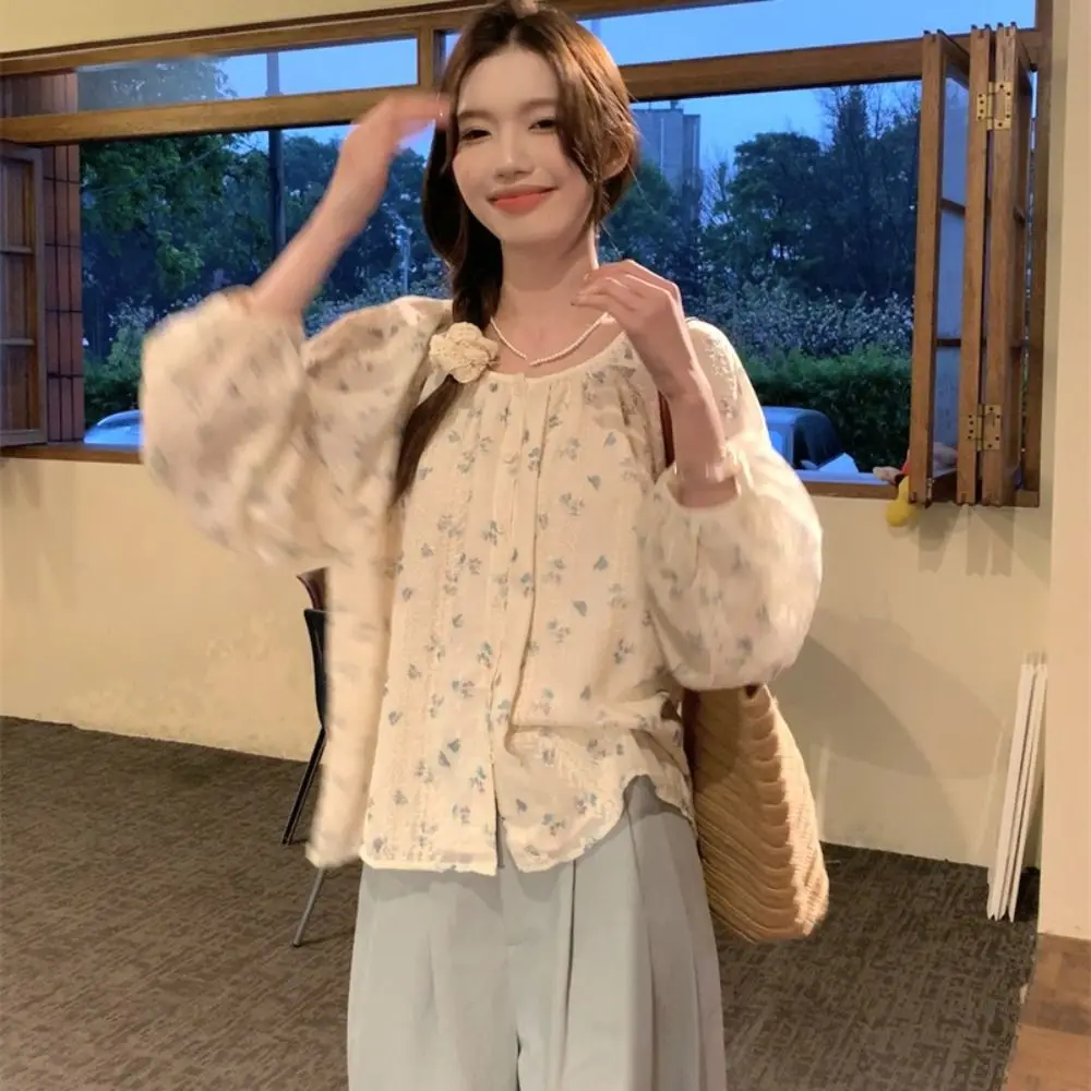 

Leisure Pleated Long Sleeve Blouse Sweet Ins Lace Floral Blouse Casual Loose Shirt Women Girl