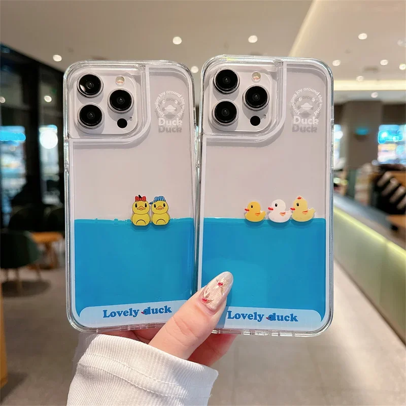 Floating Duck Liquid Case for iphone 16 14 15 Pro Max Shell Moving Decor Blue Water Hard Phone Cover Para Funda Clear Coque Capa