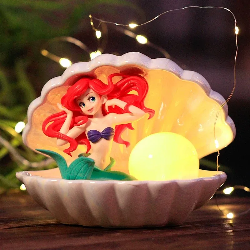 Disney-figuras de acción de PVC de La Sirenita, modelo de coche, decoraciones para pasteles, muñecas, juguetes, lámpara de concha de perla de Ariel