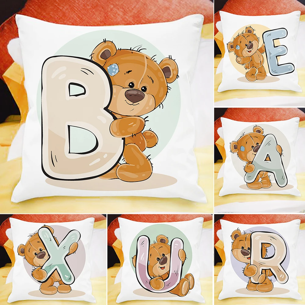 45x45cm oso de dibujos animados sofá decoración de la habitación de los niños lindo animal funda de almohada letra impresión funda de cojín