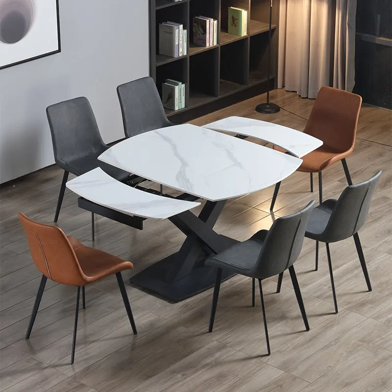 Italian Style Modern Minimalist Light Luxury Rotating Multifunctional Telescopic Stretch Rock Slab Dining Table and Chair Combin