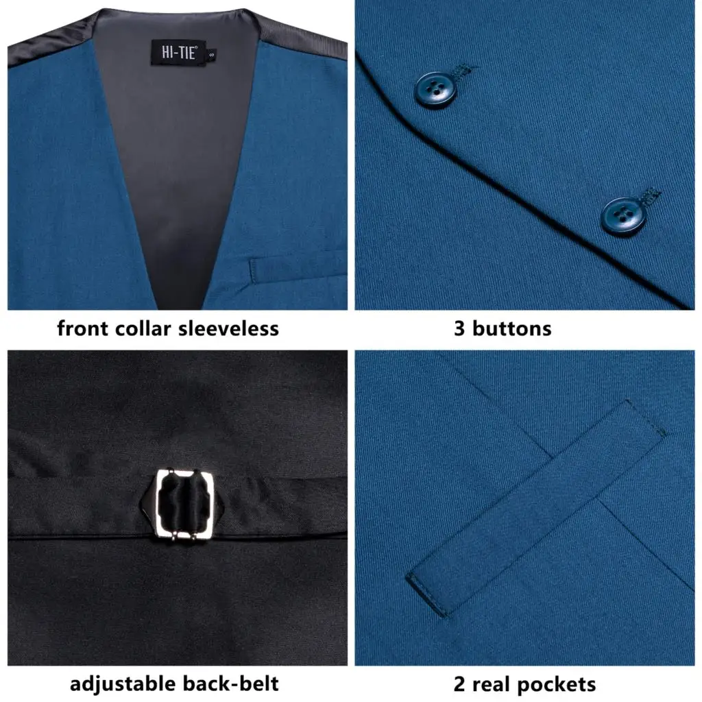 Hi-Tie Blue Viscose Mens Vest with Tie Hankerchief Cufflinks Set Jacquard Waistcoat Sleeveless Jacket for Wedding Business Gift