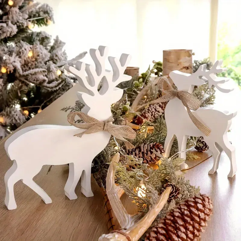 Christmas reindeer decorations, white reindeer wooden crafts, wardrobe windowsills, festive atmosphere ornaments