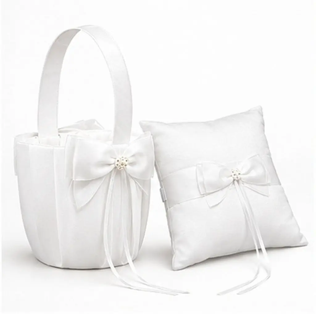 2Pcs Ring Bearer Pillow Flower Basket Set White Lace Wedding Decoration Elegant Basket Petal Scattering Wedding Supply