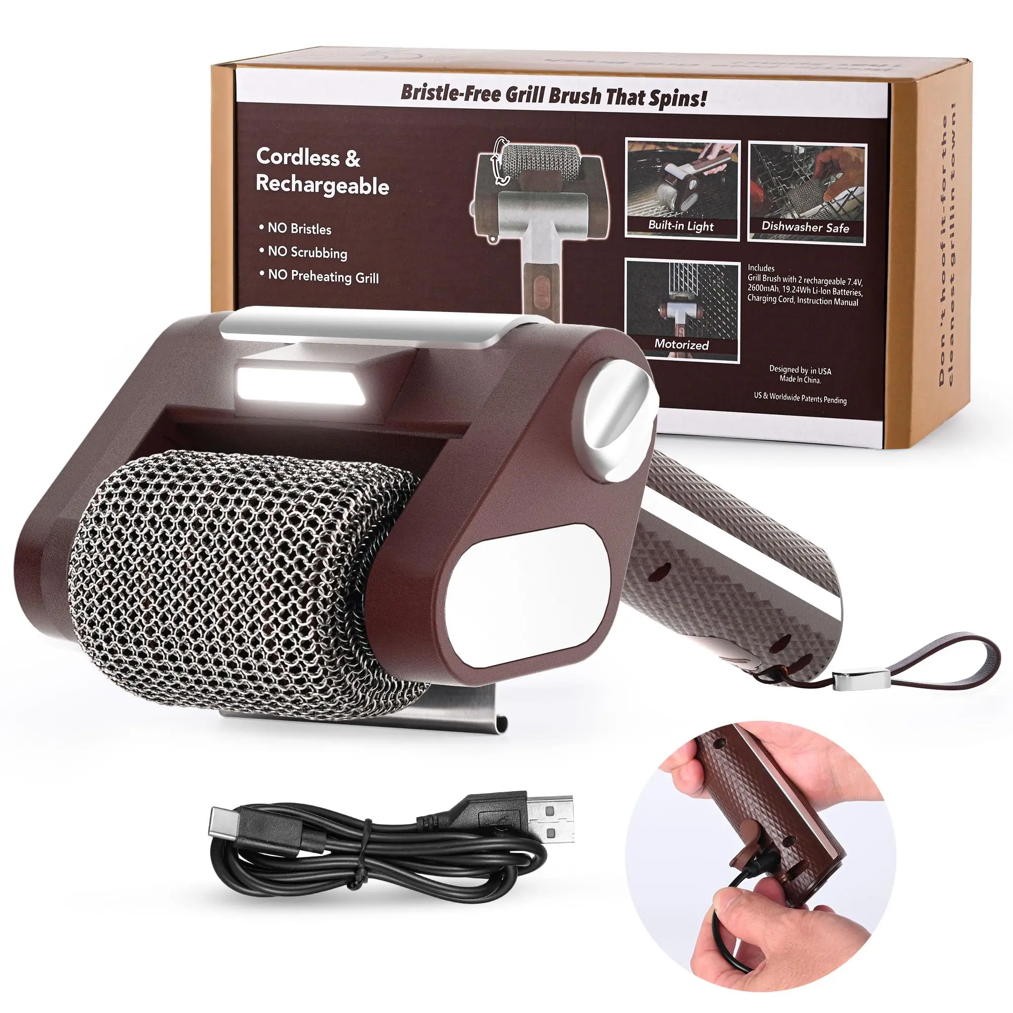 

Очиститель электрического гриля без щетины — беспроводная, перезаряжаемая щетка для гриля для барбекю с валиком из нержавеющей стали 350 об/мин, светодиодная подсветка, мытье посуды