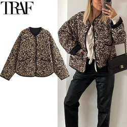 TRAF Women's Coats Leopard Quilted Jacket Woman Parkas Vintage Long Sleeve Short Padded Jacket Warm Autumn Winter Outerwear