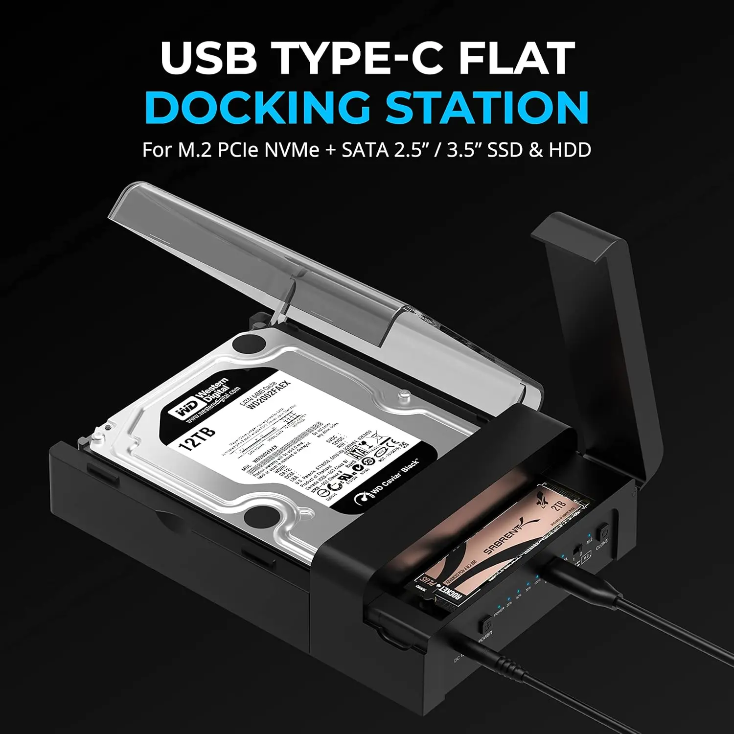 USB-C Docking Station with NVMe & SATA SSD/HDD Support, 10Gbps Speed, Tool-Free Design, Offline Clone for Windows/Mac/Linux