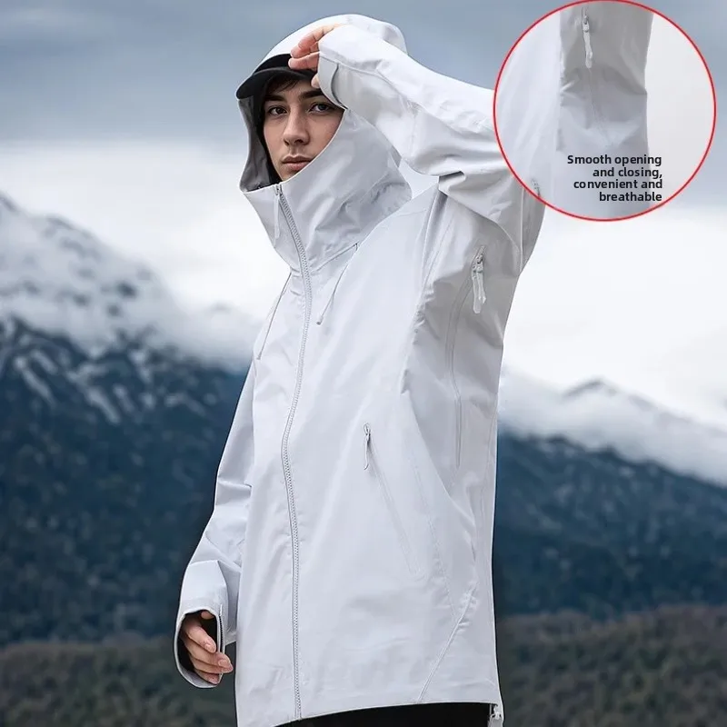 Outdoor windproof and waterproof heat-sealed three-layer rubber hard shell jacket men's and women's mountaineering hiking jacket