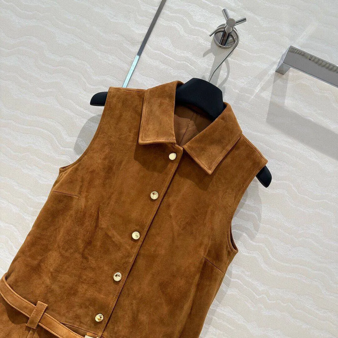 2024 New Autumn Luxury 100% Suede Sheepskin Leather Runway Design Retro Dress Women Lapel Sleeveless Slim Belt Pleated Dresses