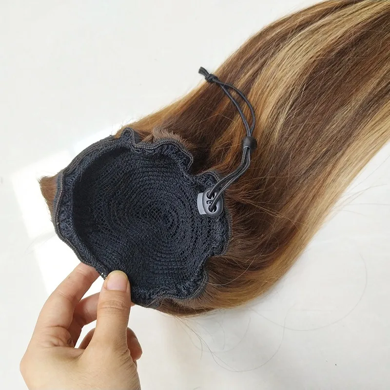 고품질 인모 하이라이트 피아노 컬러 P4/27 대비색 드로스트링 포니테일 스트레이트 포니테일 패셔너블