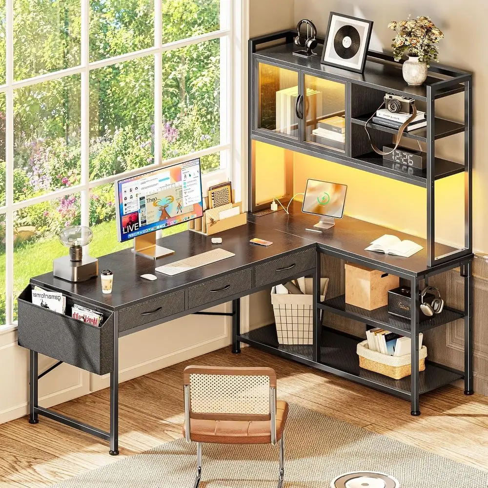 57.5 Inch L-Shaped Gaming Desk with Power Outlets, USB-C, LED Lights, 6-Tier Storage, Fabric Drawers, Side Bag, Black