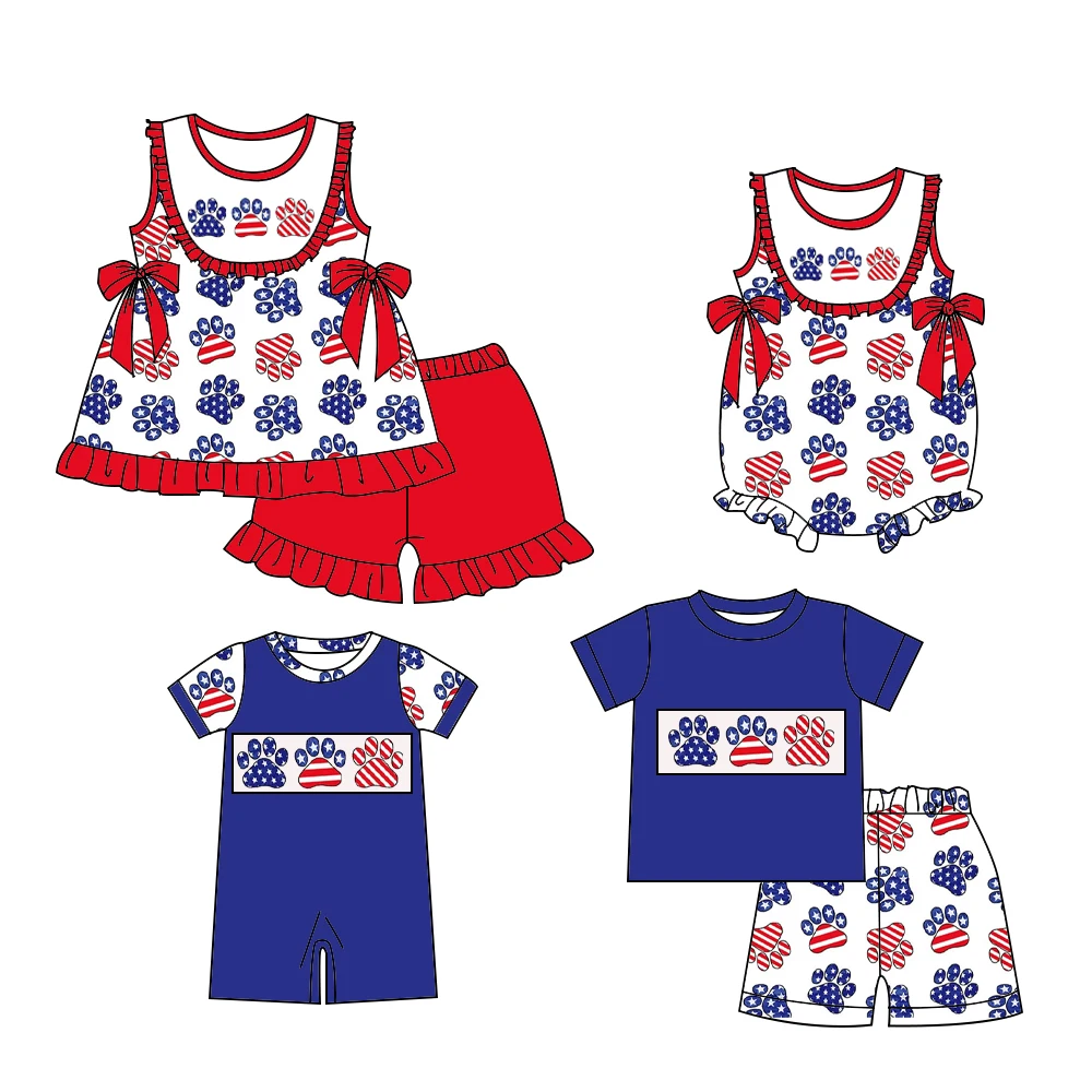 Hot wholesale sale Independence Day Boys and girls clothes Claws and flag elements Text shorts and onesie styles