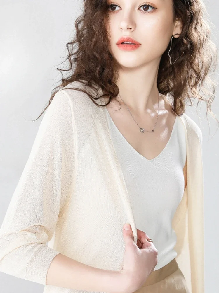 Solid Knitted V-neck Cardigan Spring Half Sleeve Long Simple All-match Soft Fashion All-match Japan Style Ice Silk Thin Cozy