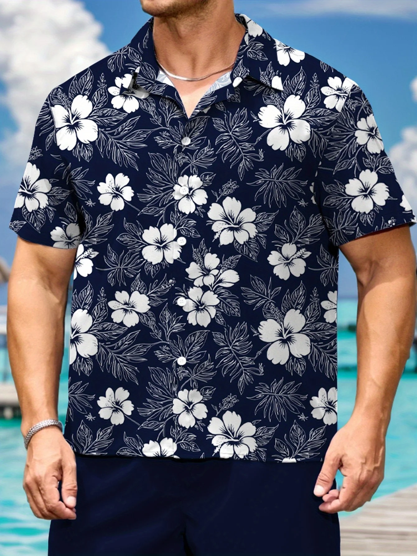 Men's Dark Navy Blue White Hibiscus Tropical Leaf Print Short Sleeve Shirt Breathable Loose Hawaiian Shirts Casual Office Wear