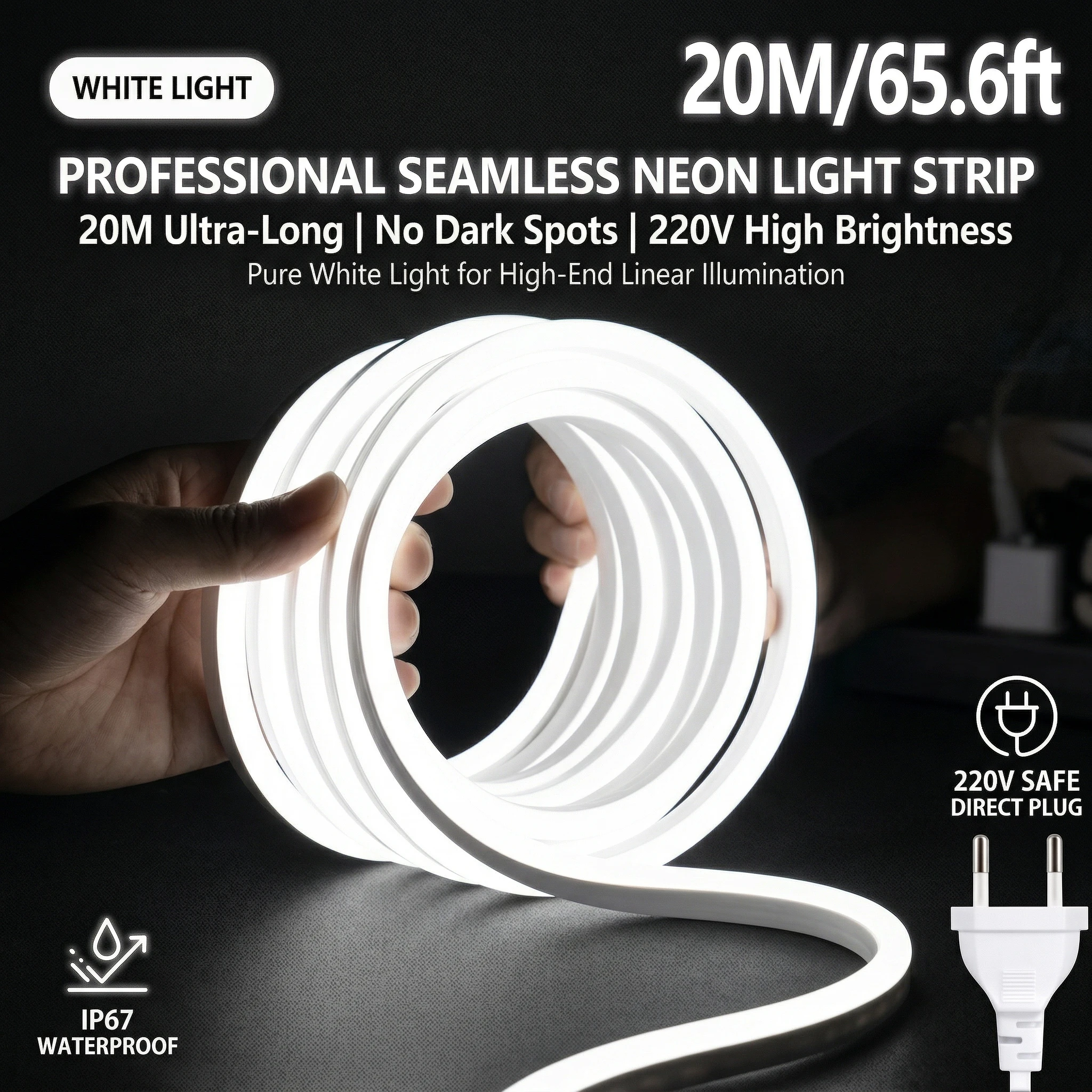 20m/65.6ft Silikonowa neonowa taśma LED 220V, wysoka jasność, wodoodporna taśma diodowa, oświetlenie zewnętrzne do dekoracji domu