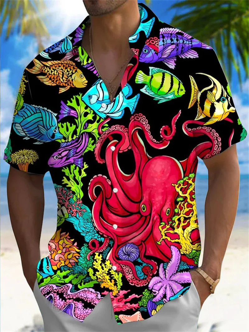 2025 Dolphin Hawaii Shirt Men's 3D Printed Animal Shirt Harajuku Fashion Short Sleeve Top Street Button Shirt