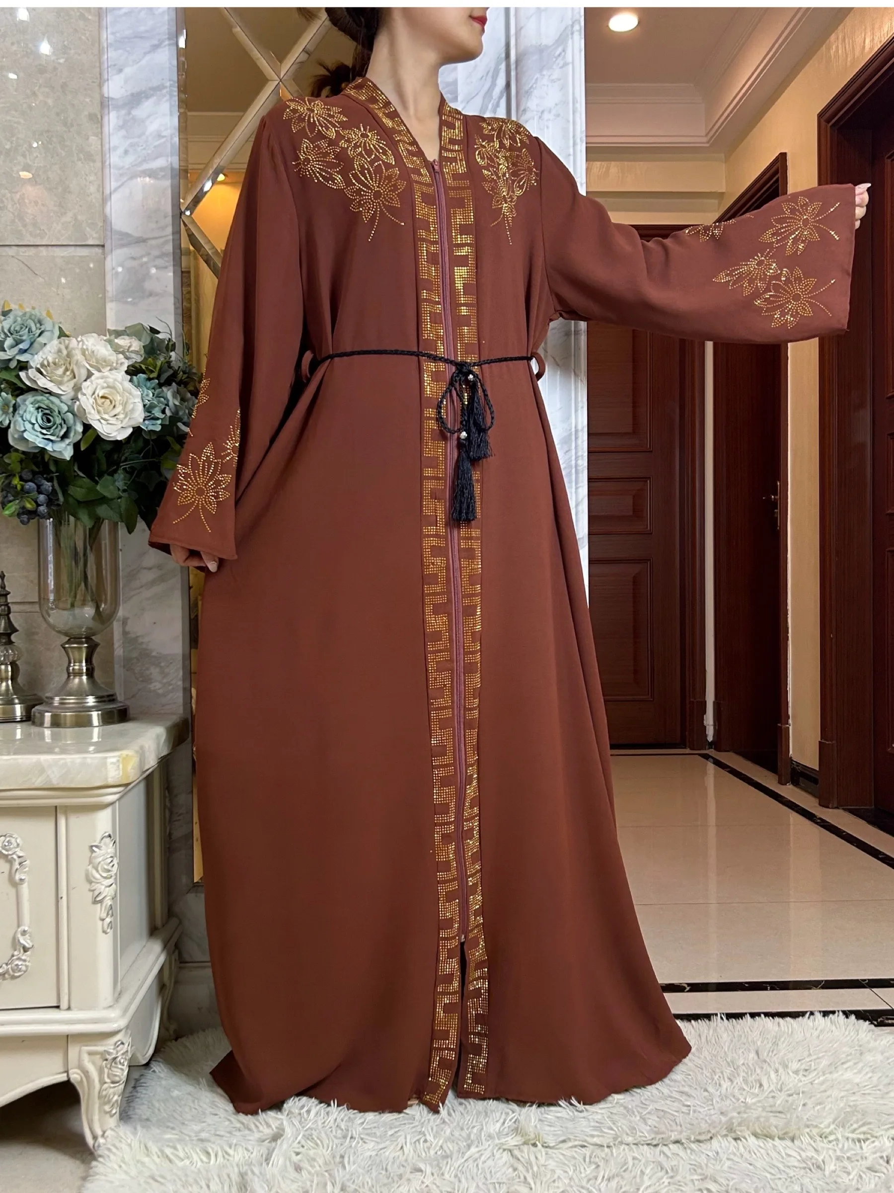 New Women Elegant Dress Chiffon Open Abaya with Zipper Muslim Women Dress Islamic Clothing Cardigan Abaya Women Muslim Dress