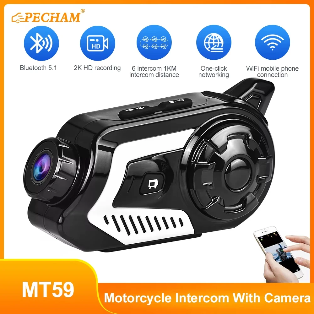 

MT59 5.1 Bluetooth Motorcycle Intercom Camera 6 Riders Wireless Helmet Headset 2K WIFI Waterproof Motorcycle Intercom FM Radio