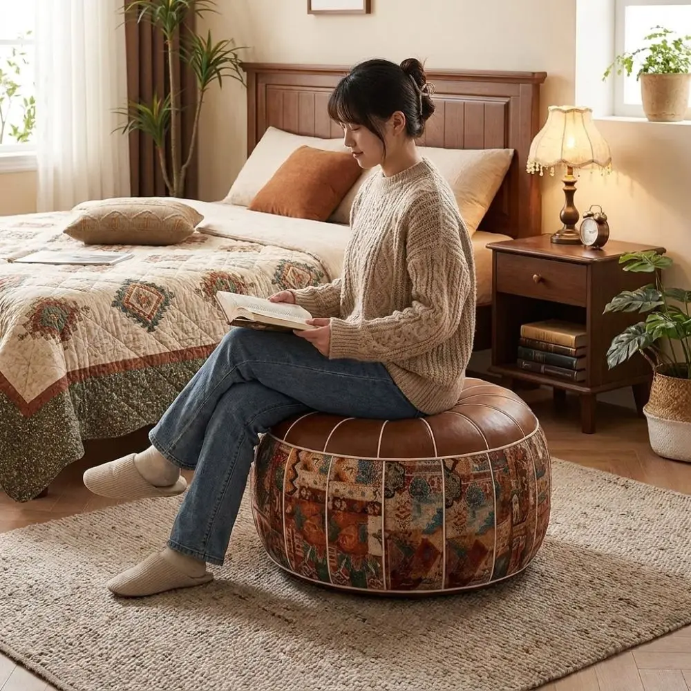 PU Leather Footstool Cover Waterproof Bohemian Style Sofa Stool Cover Round Large Capacity Bean Bag Cover Living Room