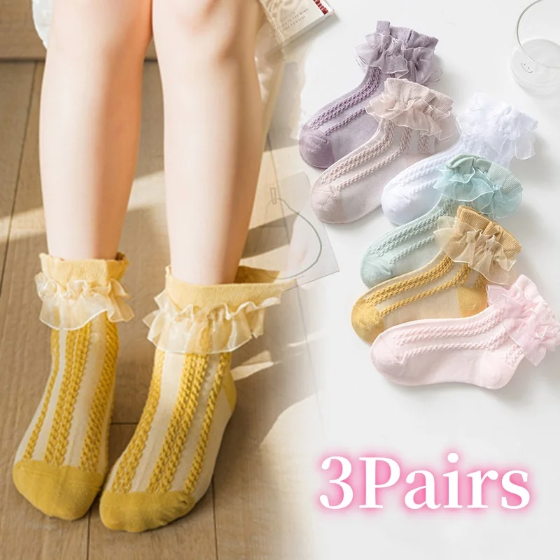 

3Pairs/set 1-15Years Kids Girls Ruffled Lace Socks Baby Cotton Children's Dance Princess Socks Girls Solid Teenagers Ankle Sock