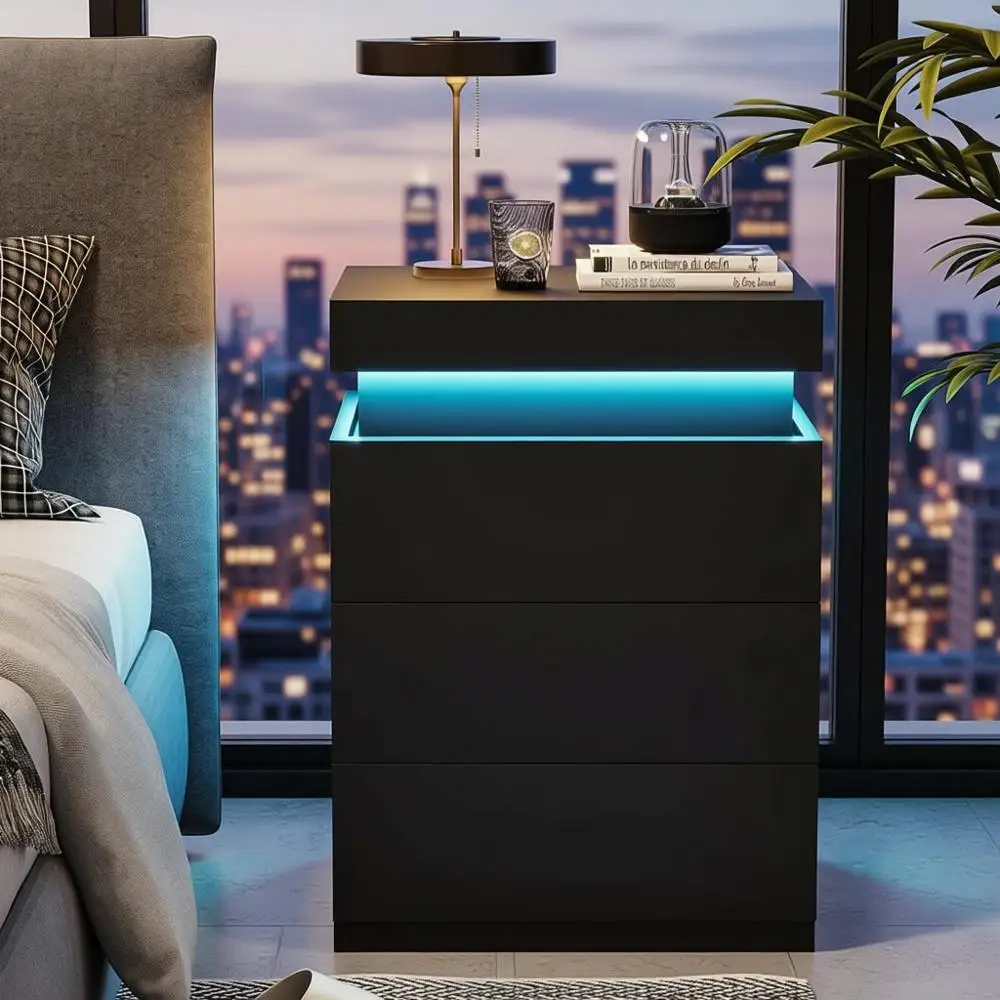 

LED-Illuminated Charging Station Nightstand with Sliding Top for Bedroom in Black