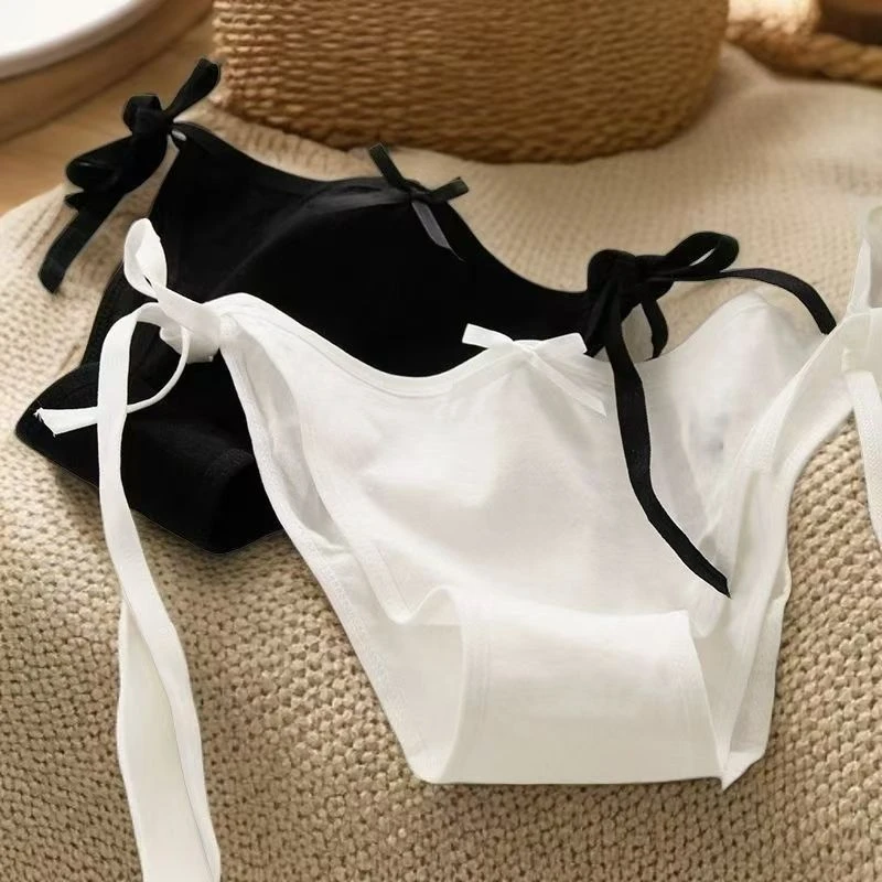 Women Cute Bowknot Alluring Lace Up Cotton Briefs Sexy Low Waist Underwear Black White JK Japanese Lolita Cos Girl Solid Panties