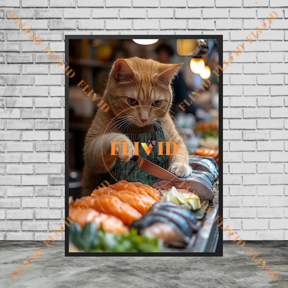 Cute Chef & Grocery Cat Poster Vintage Kitchen Pet Wall Art Canvas Paintingfor Dining Room Living Room Kitchen Decor Unframed