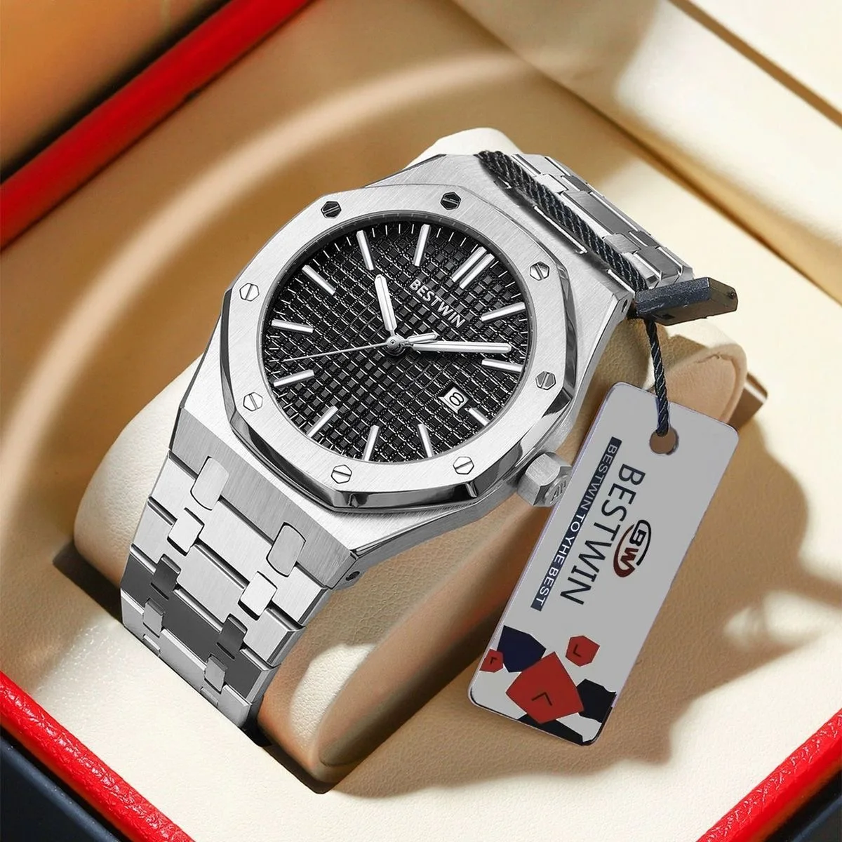 BESTWIN Original Luxury Man Watch Date Luminous Waterproof Stainless Steel Band Wristwatch Fashion Business Quartz Men's Watches