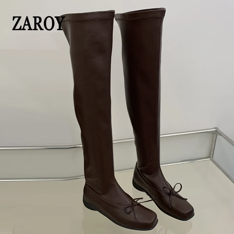 ZAROY Stretchy Over Knee Boots Women Elegant Bow Knot Square Toe Flat Heel Slim Fit Long Boot Casual Versatile Winter High Botas